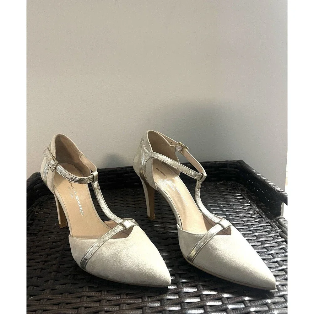 Brenda Zaro Spain Suede Tan & Gold T-Strap Pointed Toe Pumps Heels 37  6.5 Shoe